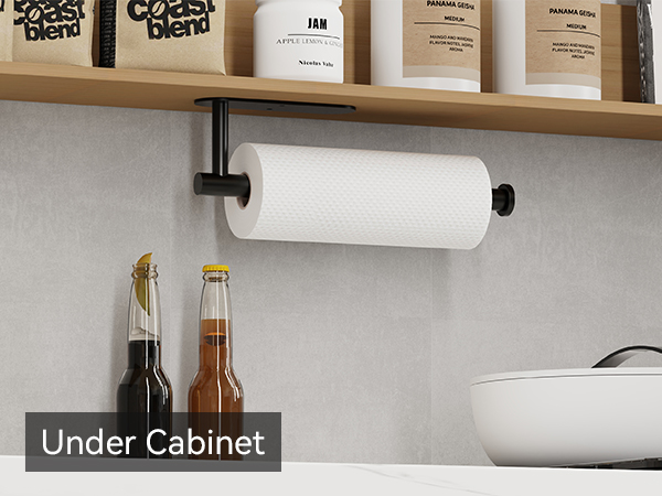 Black paper towel holder installed under kitchen cabinet for compact countertop organization