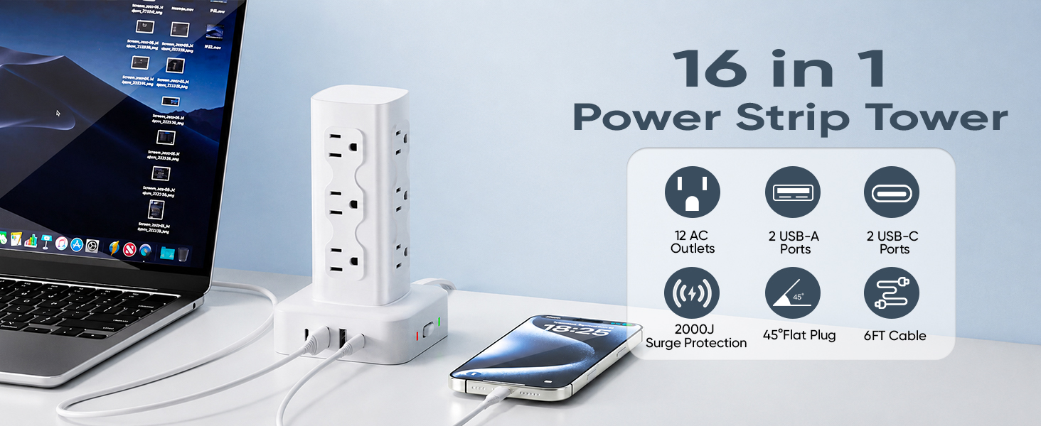 16-1 power strip tower with 12AC outlets, 2 USB A and 2 USB C