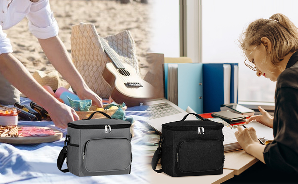 Two insulated cooler bags, one gray and one black, shown in beach and indoor settings. Features zippered compartments and shoulder straps for portable use.