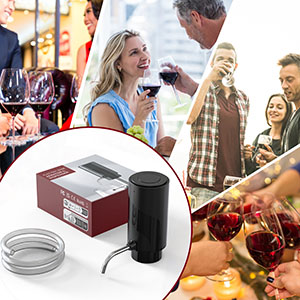 Wine aerator set with cylindrical aerator, glass decanter, and packaging box. Background shows people enjoying wine at a gathering.