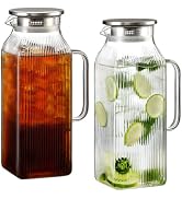 Snuvid 2 Pack 2 Liter/68 oz Square Glass Pitcher with Lid, Classic Stripes Water Pitchers with Ha...