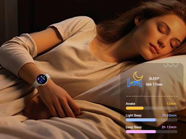 A woman wearing a watch that can monitor her sleep