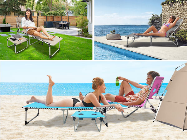 Portable folding loungers shown in outdoor settings: garden, poolside, and beach. Features adjustable backrest, lightweight frame, and weatherproof fabric for comfortable outdoor relaxation.