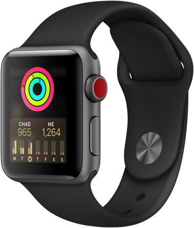 Apple Watch Series 3 in black, facing to the left with the user-comparison activity chart