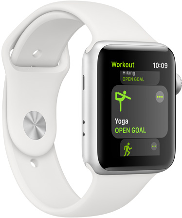 Apple Watch Series 3 in white facing to the right with the workout app open showing yoga and hiking windows