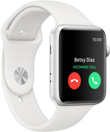 Apple Watch Series 3 in white facing to the right showing an incoming call from Betsy Diaz