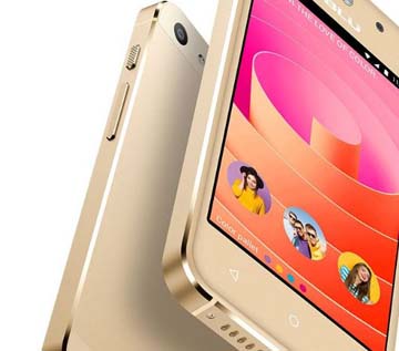 Two Blu Vivo 5 Mini phones back to back, floating, facing up to the right
