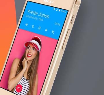 The Blu vivo mini 5 phone showing an open call with Yvette Jones that shows her picture, number, time passed and icons for call options