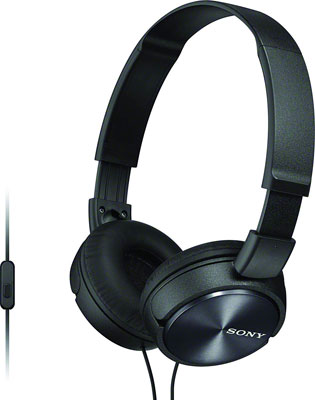  Front right side angle view of the Sony MDR-ZX310AP headset, with the remote control next to it on the left  