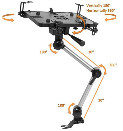   Front view of the Mobotron MS-426 vehicle stand, with texts and graphics describing functions of its parts 