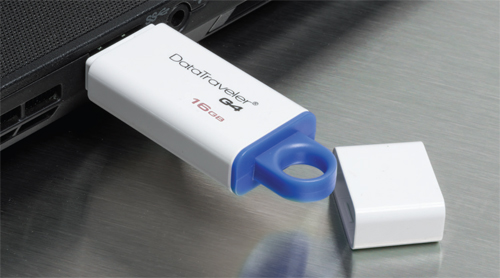 DataTraveler® Generation 4 blue and white 16GB thumb drive plugged into a laptop
