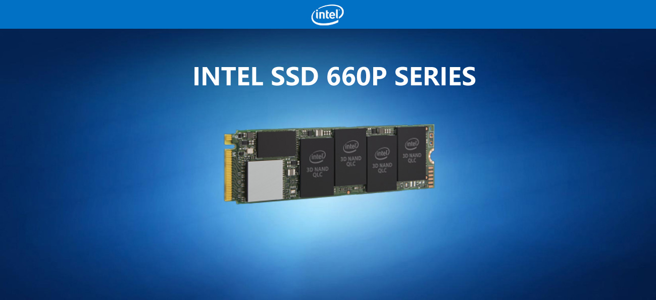 Intel SSD 660p Sereis Banner showing the m.2 memory facing slightly to the right on a blue background with the intel logo above