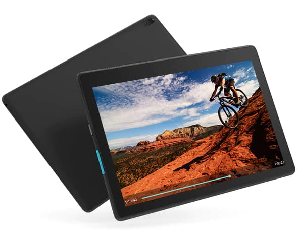 Lenovo Tab E10 tablet angled to right playing a video where a man riding the bike going down the mountain