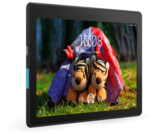 Lenovo Tab E10 tablet angled to right showing a pictuer of two tiger dolls in a tent