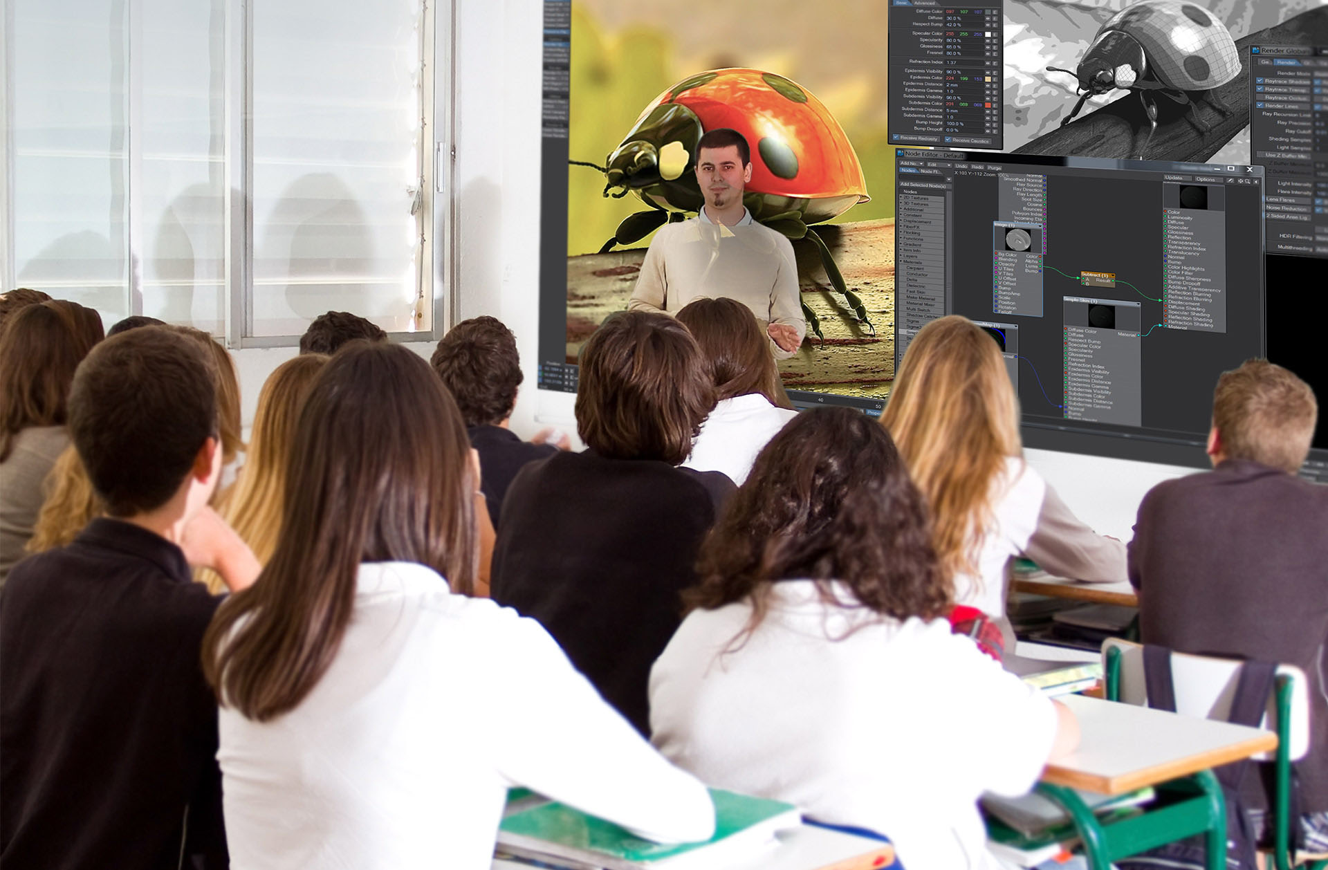 A man giving a 3D application presentation to a room full of students