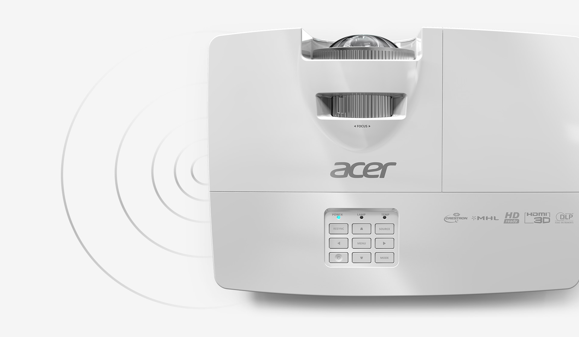 overhead view of the top of the Acer S1 projector with wireless signal graphics from the left of the projector