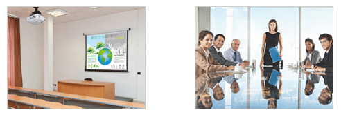 Two shots, one of an empty lecture hall and presentation slide on the projector screen behind the instructor's desk, the second image is a table of office workers looking at the camera while a presenter stands at the head of the table, smiling and holding a blue folder