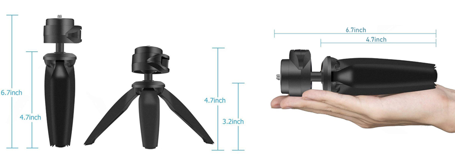 Three tripods with two folded and one extened with marked dimensions.