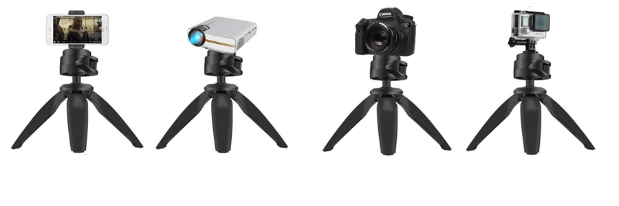 Four tripods with one having a smartphone on, one having a projector on, one having DSLR camera on, and one have a white camera on.