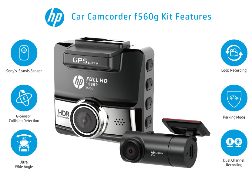 HP F560G Full HD 1080P Dual Dash Cam, 1080P Dash Cam Front and Rear,  Built-in GPS and G-Sensor, ADAS, Wide Angle Sony Starvis Night Vision Car  Dash