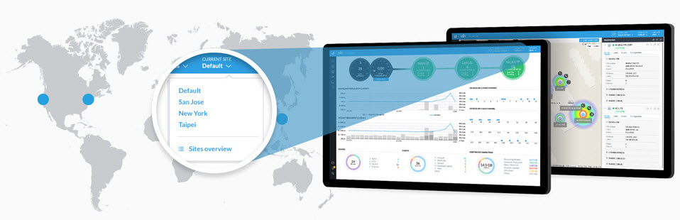 a global map beside two tablets showing the interface of UniFi Controller v5 software