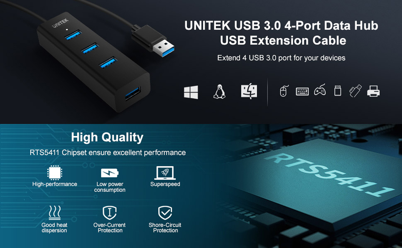  Unitek 4-Port USB 3.0 Hub, 4 Ft Long Cable USB Extension  Multiple Port Splitter with Micro USB Charging Port Compatible for Windows  PC, Laptop,Flash Drive,Wireless Mouse Keyboard 1.2 M - Black 