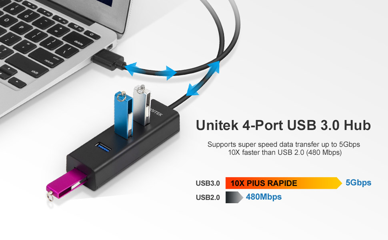 Unitek 4-Port USB 3.0 Hub, 4 Ft Long Cable USB Extension Multiple Port  Splitter with Micro USB Charging Port Compatible for Windows PC,  Laptop,Flash