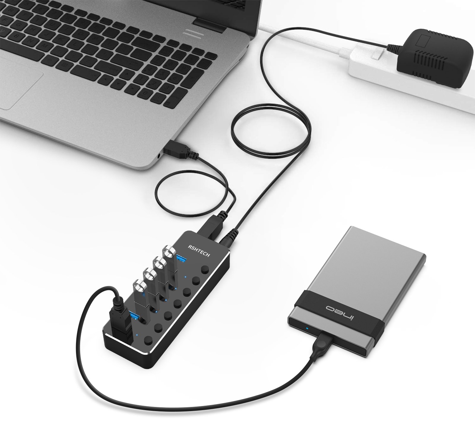 Hub USB Alimenté, RSHTECH Hub USB 3.2/USB C à 7 Ports avec 3*10Gbps Data  Ports (USB-A, 2*USB-C), 4*5Gbps USB 3.0 Ports, Touch Switch, 2-in-1 Data
