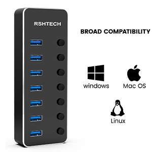 RSHTECH 24W Hub USB 3.0 Alimenté à 7 Ports Aluminium Multiprise
