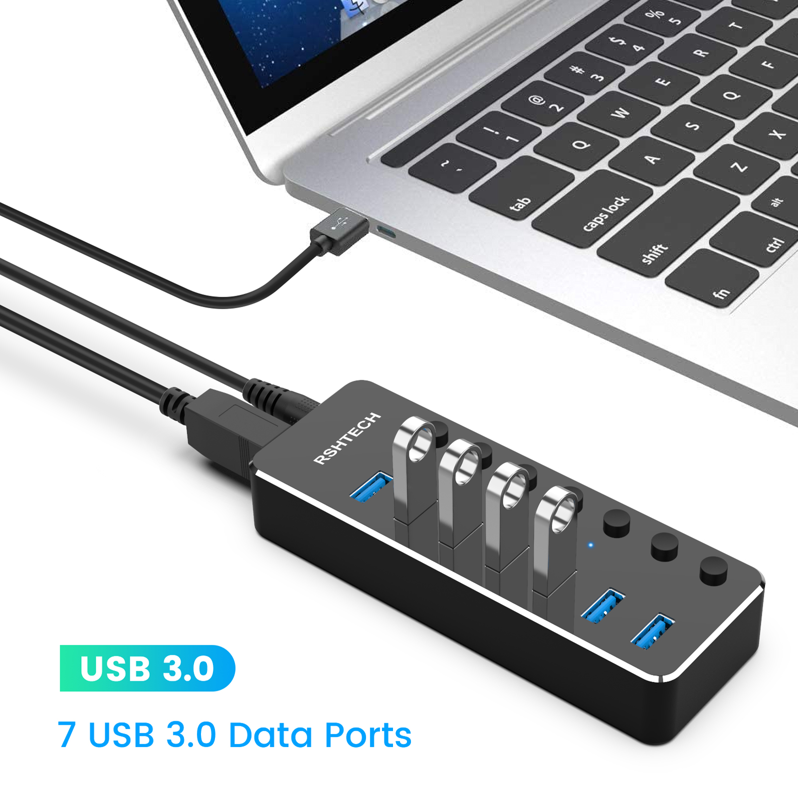 USB 3.0 Hub, RSHTECH 7 Port Powered USB Hub Expander Aluminum USB 3.0 Data  Port hub with Universal 5V AC Adapter and Individual On/Off Switches USB