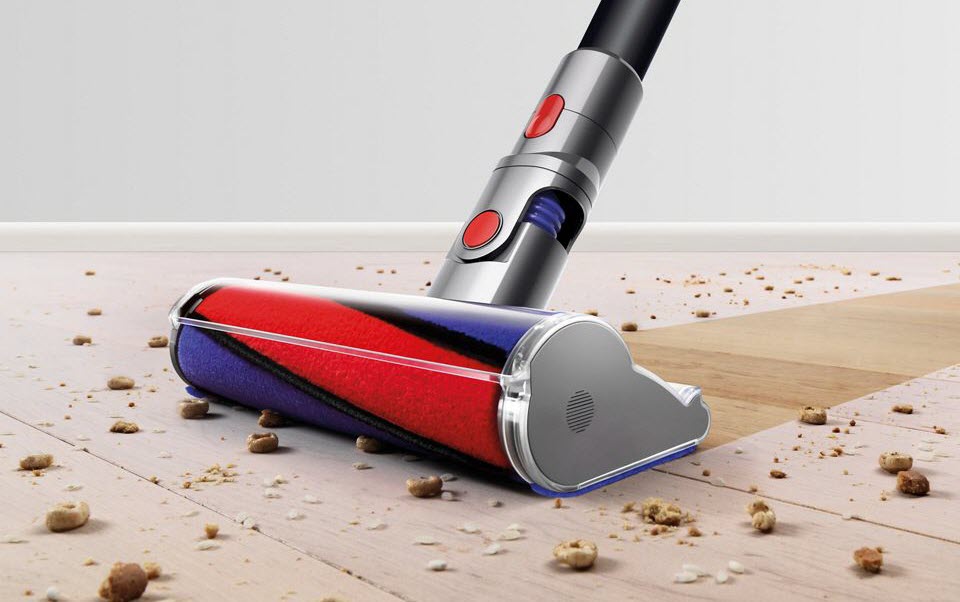 Dyson V7 Absolute with soft roller head cleaning dirt
