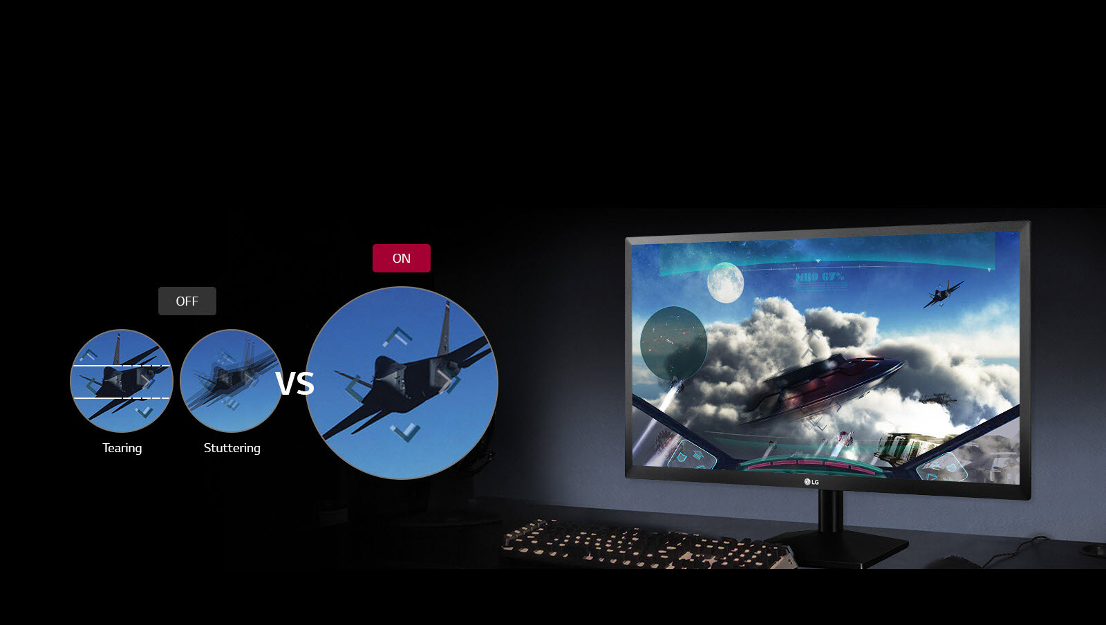 Gaming Monitor keyboard and mouse with shots of a flight simulator onscreen and examples of tearing and stuttering that occur when FreeSync is not on