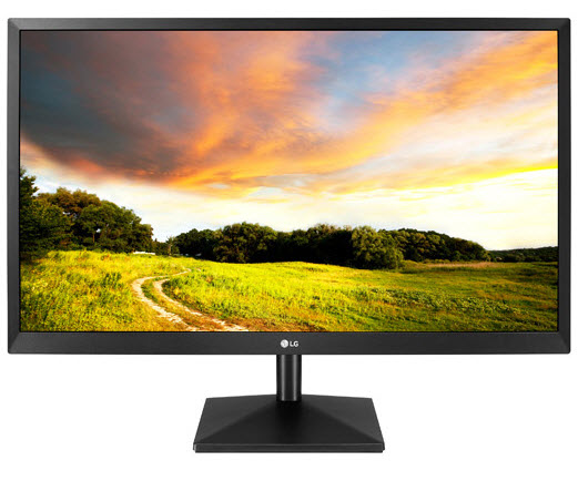LG 22BK400H-B Monitor Facing Forward Showing a Grassy Field and Trees Under an Afternoon Sky