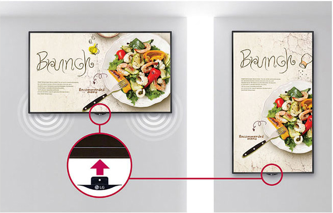 LG commercial display showing a restaurant ad in both a horizontal position and then a vertical position