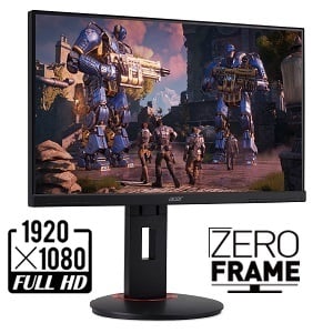 XF Series Gaming Monitor Angled to the Right Showing a SciFi Video Game Screenshot, and logos for 1920x1080 Full HD and Zero Frame