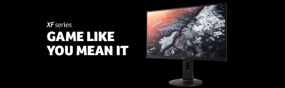 XF Series Gaming Monitor Angled to the Left Showing Overhead Snowy Mountain Views Next to Text That Reads: GAME LIKE YOU MEAN IT