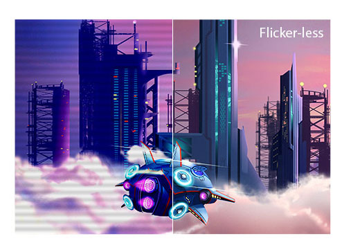 one image split into two, showing different effects between flicker and flicker-less