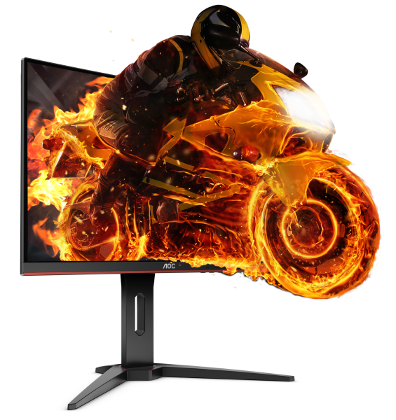 a monitor with a man is riding a motobike with fire as screen, facing right