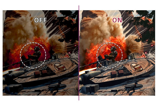a image splited into two, showing difference between black stabilizer on and off