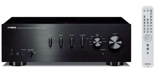 Yamaha A-S301 Amplifier facing forward and white remote control
