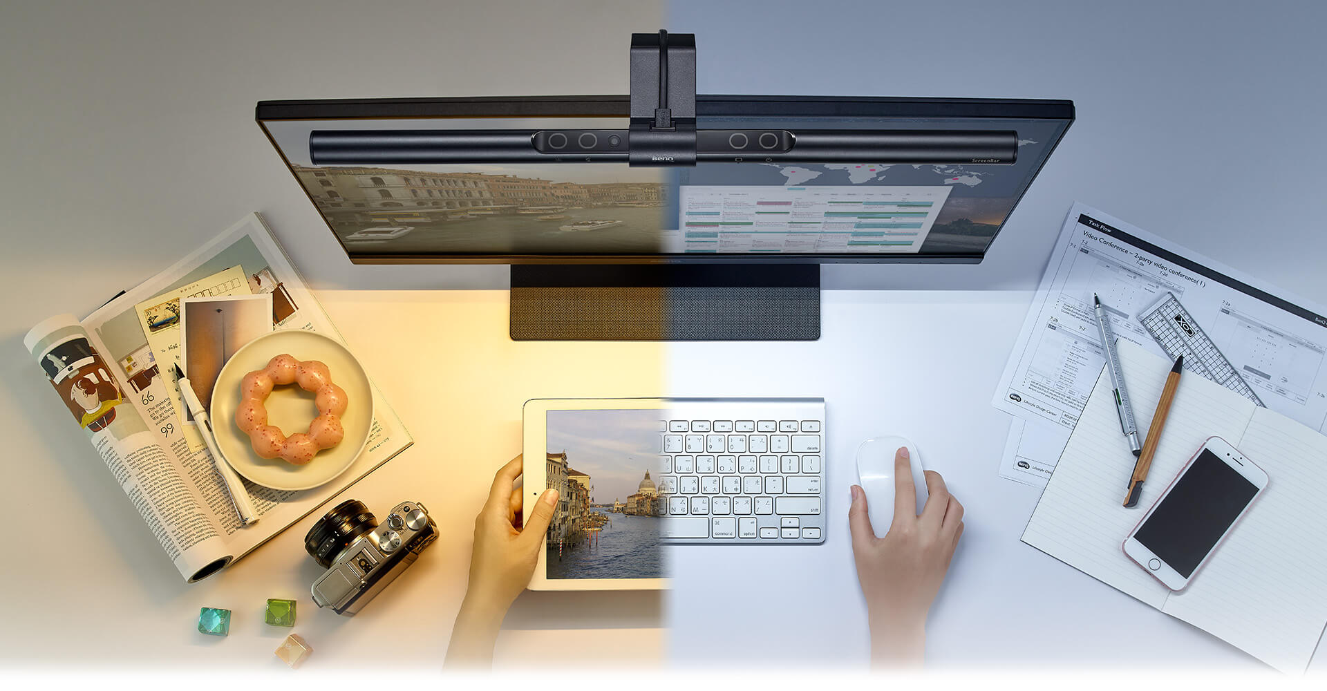 overhead view of the BenQ ScreenBar in four different areas, with a doughnut on a plate, magazine, pen, camera, hand using a tablet, hand using a mouse next to a keyboard and smartphone on top of a notebook and blueprint plans