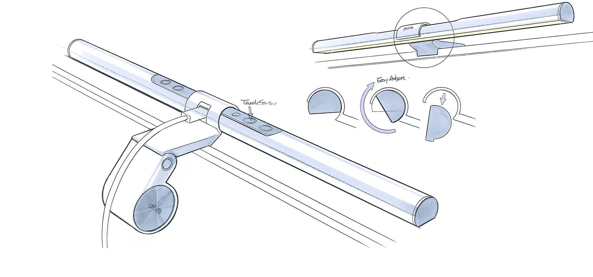 diagram drawing of the BenQ ScreenBar facing to the right and facing to the left with a hotspot closeup of the adjustable locking function