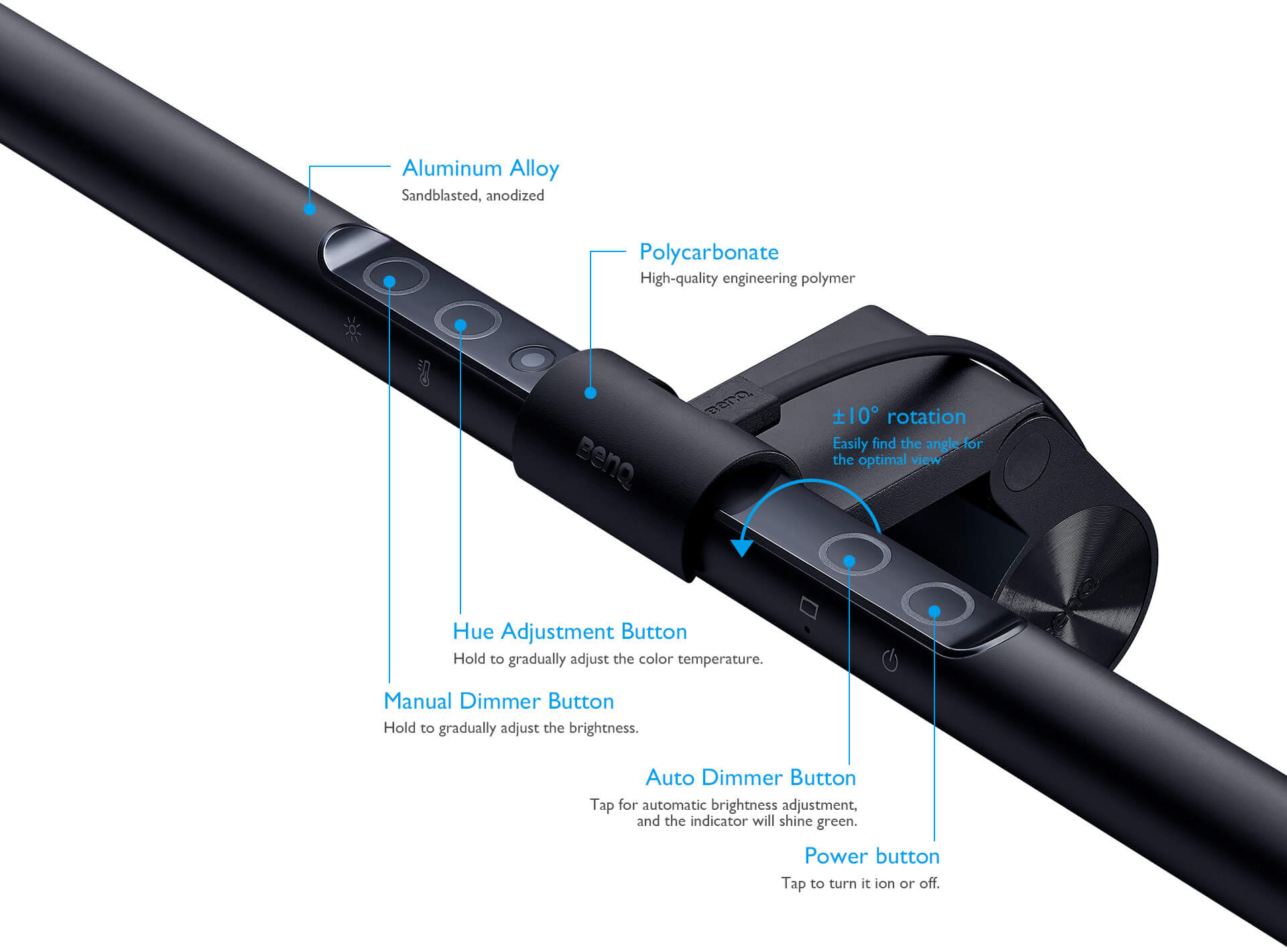 BenQ ScreenBar facing down to the left with text and graphics indicating: Aluminum Alloy: sandblasted, anodized - Polycarbonate: high-quality engineering polymer - Hue Adjustment Button: hold to gradually adjust the color temperature - Manual Dimmer Button: hold to gradually adjust the brightness - Auto Dimmer Button: tap for automatic brightness adjustment, and the indicator will shine green - Power button: tap to turn it on or off