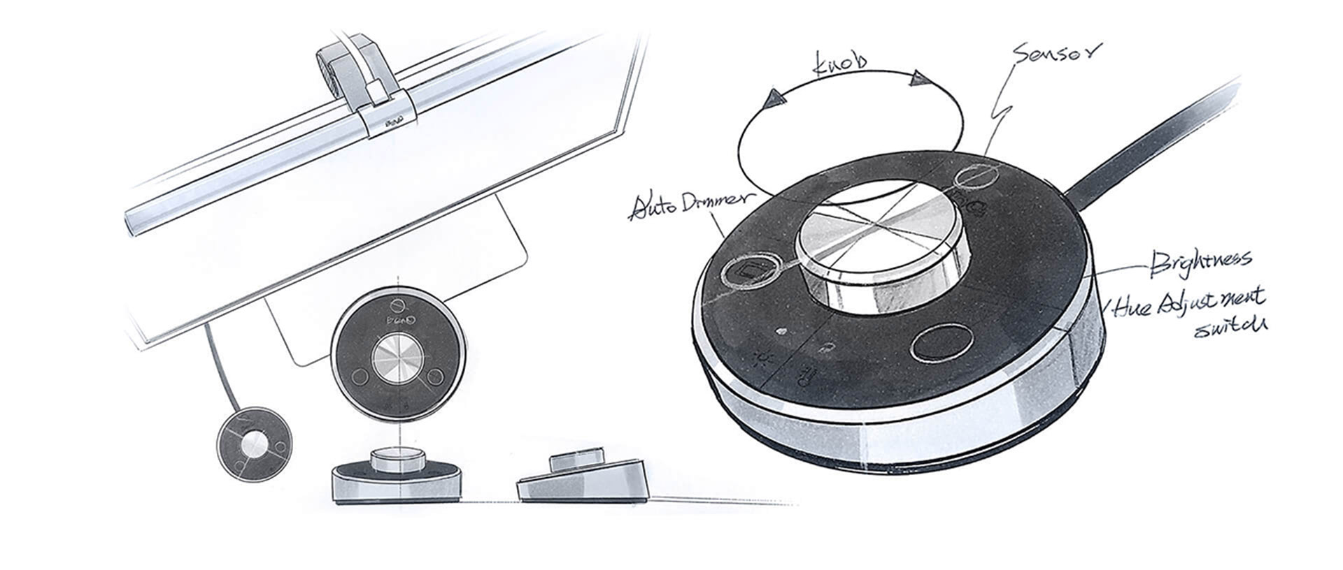 diagram drawings of the BenQ ScreenBar Plus mounted on a monitor next to different views of the desktop dial