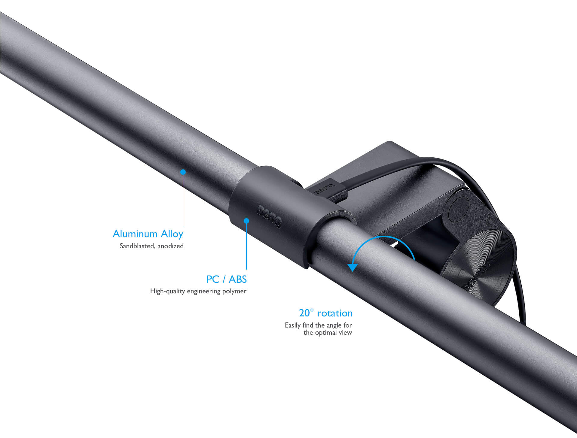 BenQ ScreenBar Plus angled down to the left with text and graphics indicating: aluminum alloy - sandblasted, anodized; PC/ABS - high-quality engineering polymer and 20-degree rotation - easily find the angle for the optimal view