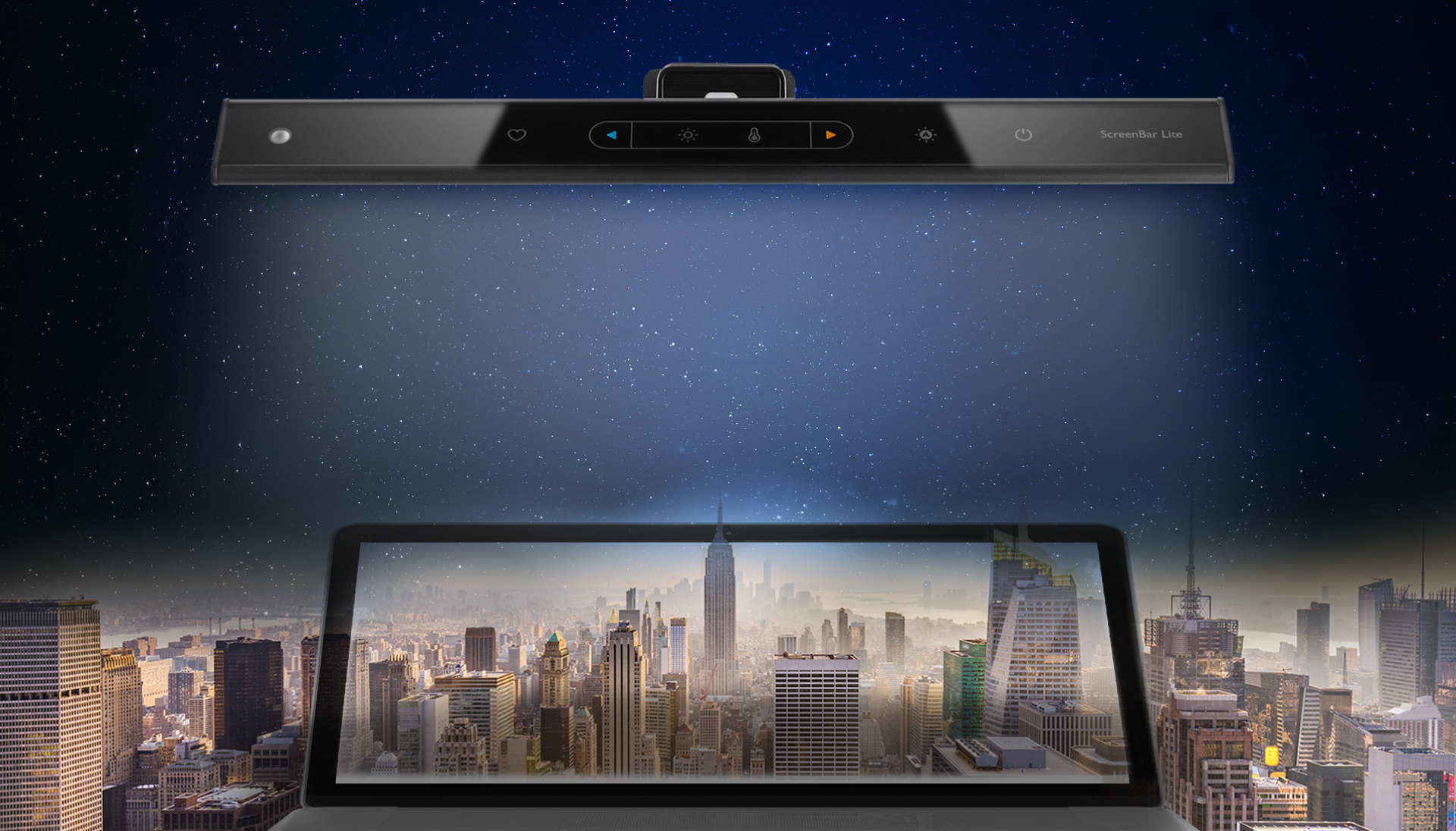 BenQ ScreenBar Lite facing forward above a screen that's blending in with a city skyline during the day