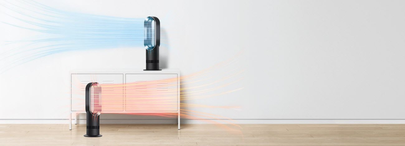 one Dyson AM09 Fan Heater placed on a shelf and one Dyson AM09 Fan Heater placed on the floor