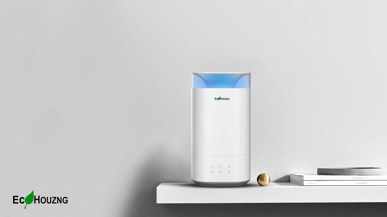 Ecohouzng ECH2001150 Ultrasonic Humidifier placed on a white desk beside some books