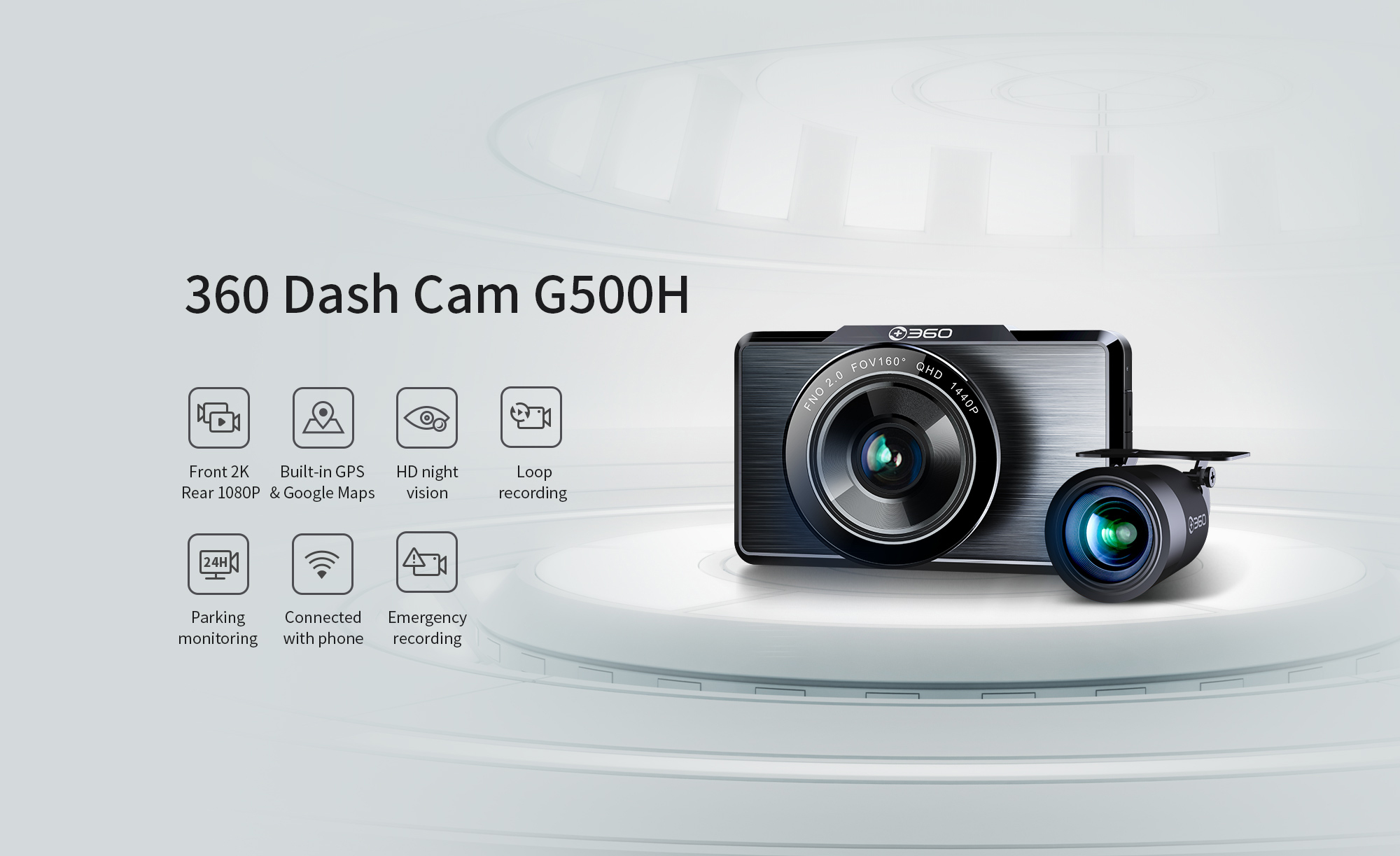 360 G500H Dash Cam Front and Rear,160° Wide Angle, Color Night Vision,  Premium Front 2K FHD Rear 1080P Dual Camera, 24hr Motion Detection Parking