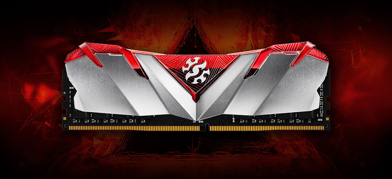 A memory module with transparent red top is againast a triangle background.